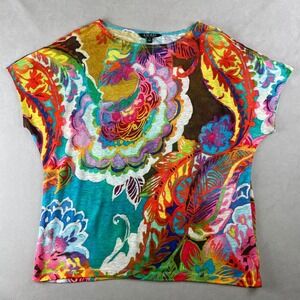 Lauren Ralph Lauren 100% Linen Top Women’s Size M Colorful Paisley Shirt